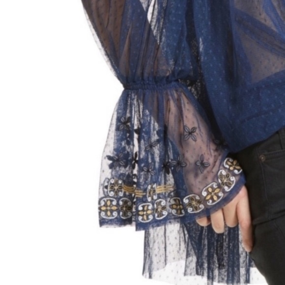 Free People Joyride Knit Sheer Lace Navy Blue Embroidered Top - Picture 7 of 14